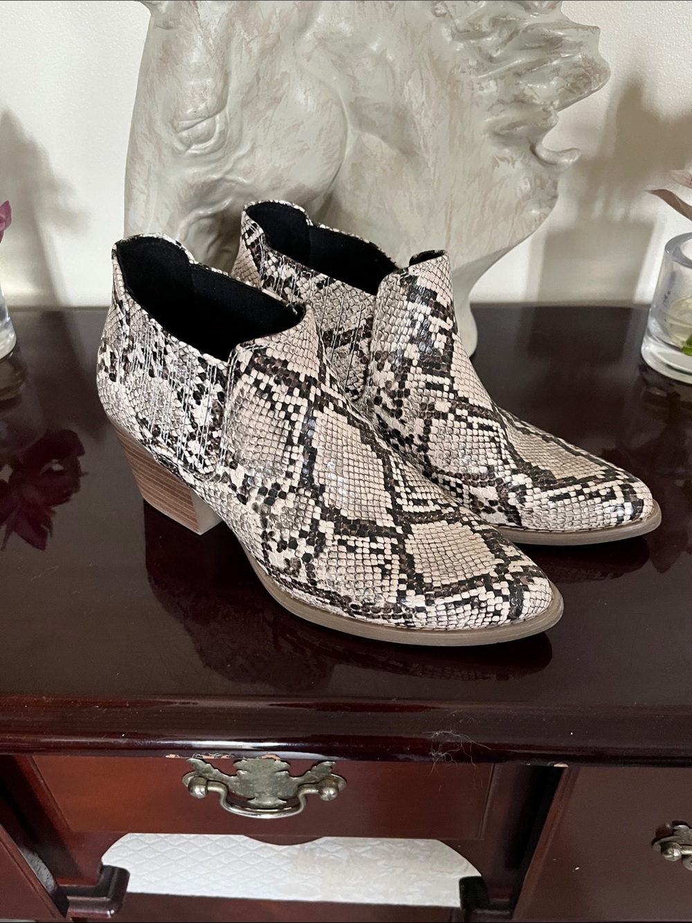 a.n.a Snake-Print Ankle Booties in Beige and Black